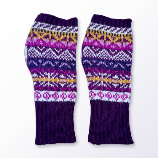 Plum Purple Fair Isle Alpaca Fingerless Gloves on a plain white background