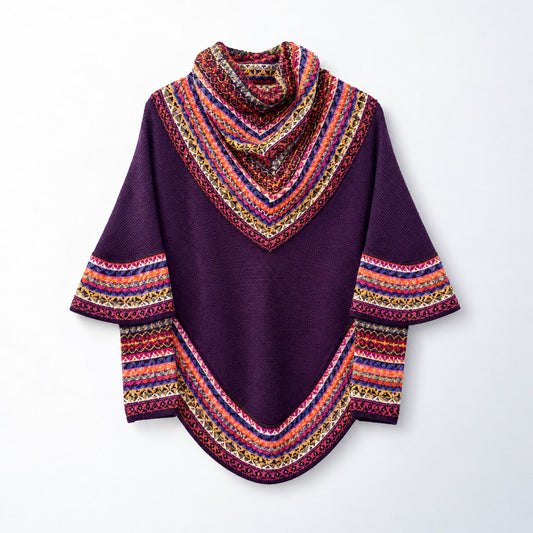 Purple Fair Isle Alpaca Poncho with Sleeves on a plain white background