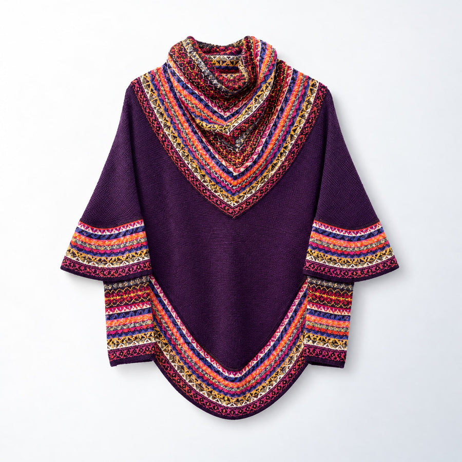 Purple Fair Isle Alpaca Poncho with Sleeves on a plain white background
