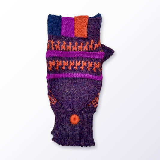 Purple & Olive Llama Half-Thumb Convertible Alpaca Mittens on a plain white background