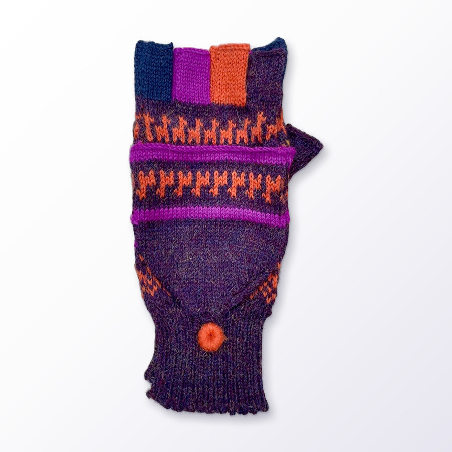 Purple & Olive Llama Half-Thumb Convertible Alpaca Mittens on a plain white background