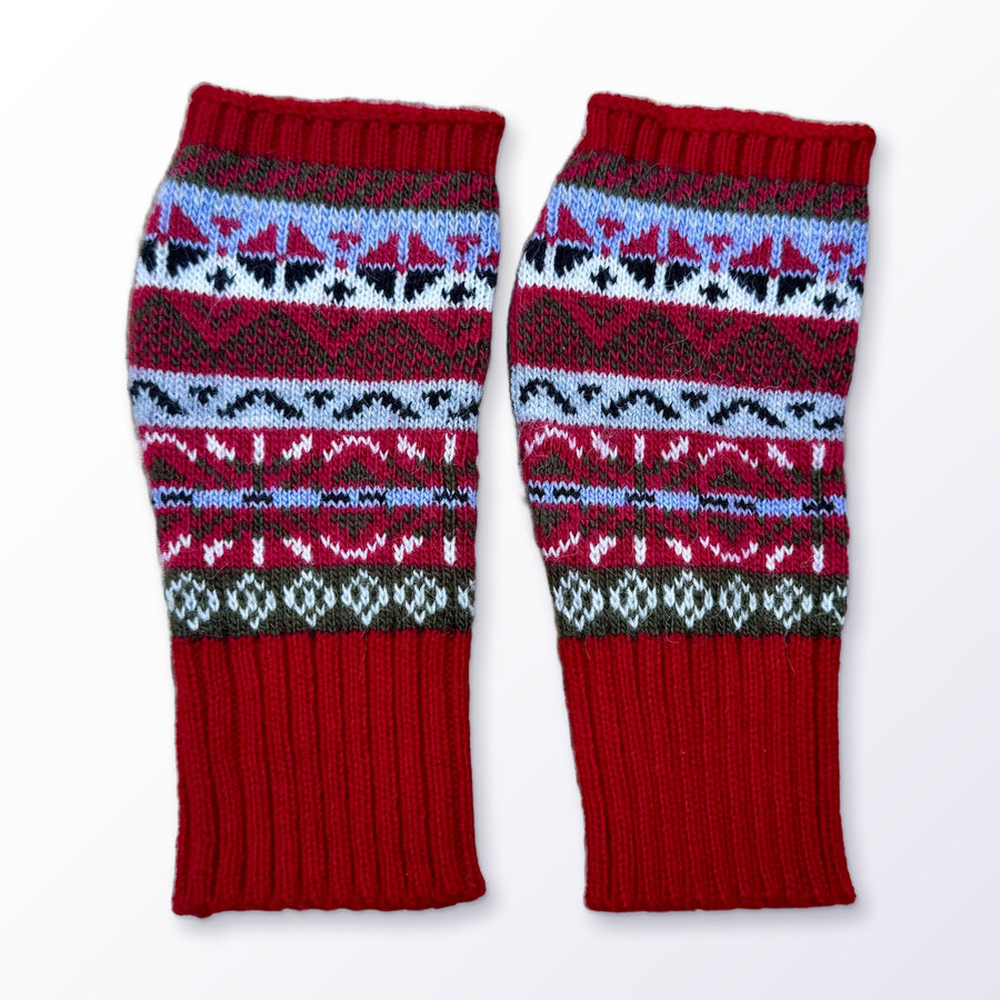 Red & Lilac Fair Isle Alpaca Fingerless Gloves on a plain white background