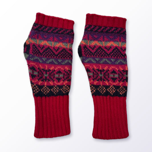 Red & Plum Fair Isle Alpaca Fingerless Gloves on a plain white background