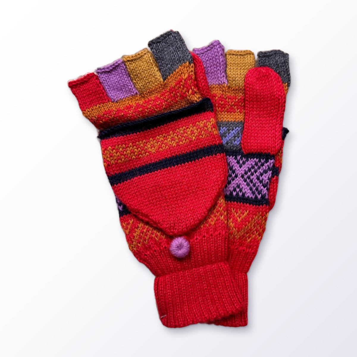 Red & Denim Fair Isle Convertible Alpaca Mittens on a plain white background