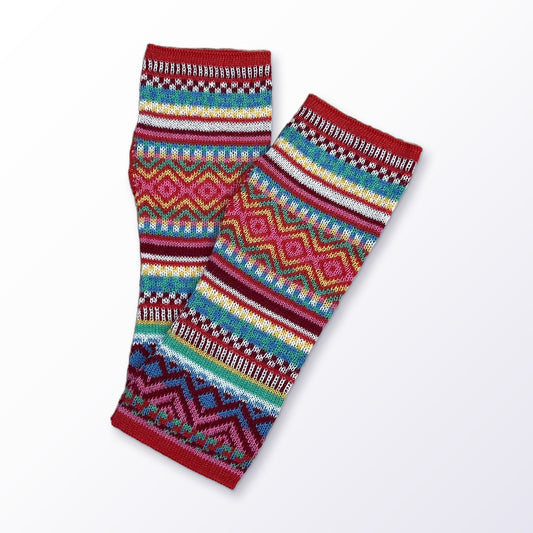Red Rainbow Fair Isle Baby Alpaca Fingerless Gloves on a plain white background