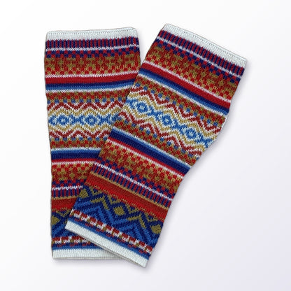Red & Royal Blue Fair Isle Baby Alpaca Fingerless Gloves on a plain white background