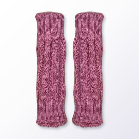 Rose Pink Cable Knit Alpaca Fingerless Gloves on a plain white background
