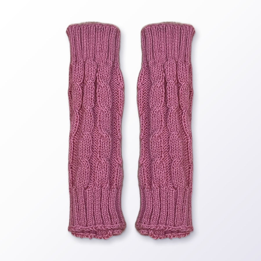 Rose Pink Cable Knit Alpaca Fingerless Gloves on a plain white background