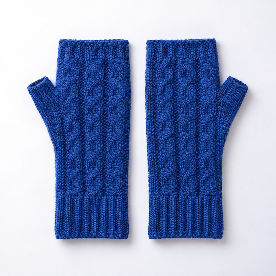 Royal Blue Cable Knit Alpaca Fingerless Gloves on a plain white background
