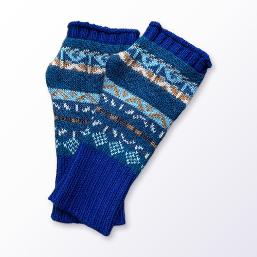 Royal Blue Fair Isle Alpaca Fingerless Gloves on a plain white background