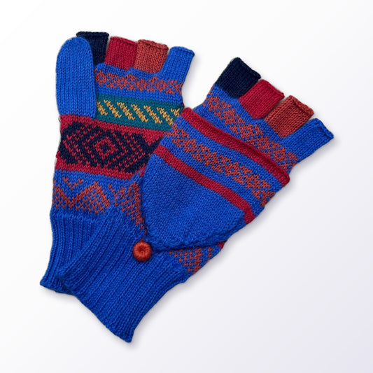 Royal Blue & Raspberry Fair Isle Convertible Alpaca Mittens on a plain white background