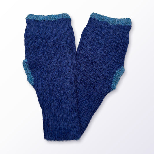 Royal Blue & Teal Reversible Cable Knit Baby Alpaca Fingerless Gloves on a plain white background