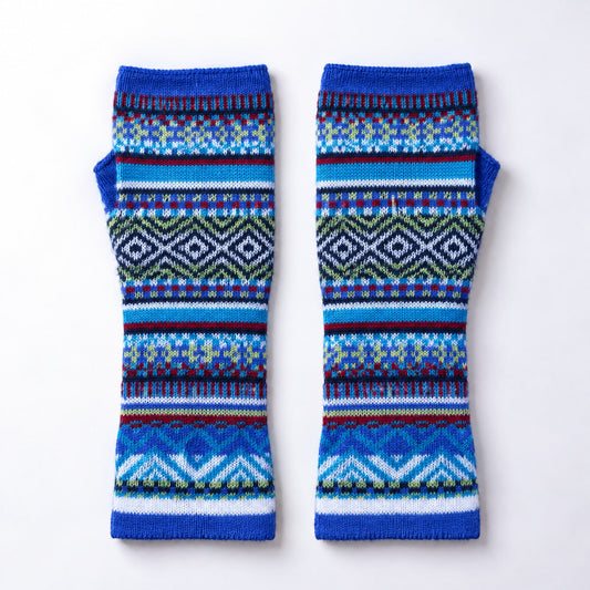 Royal Blue & Turquoise Fair Isle Baby Alpaca Fingerless Gloves on a plain white background