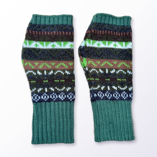Sage & Chocolate Fair Isle Alpaca Fingerless Gloves on a plain white background
