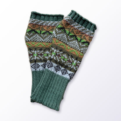 Sage Green Fair Isle Alpaca Fingerless Gloves on a plain white background