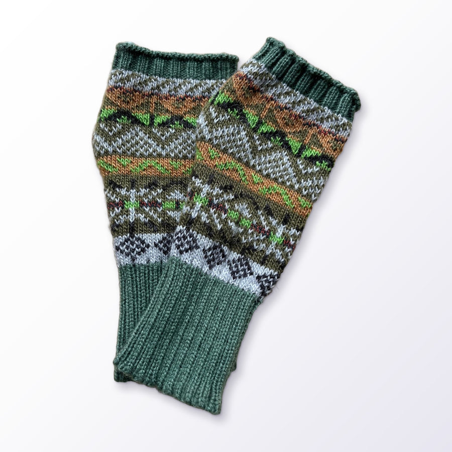 Sage Green Fair Isle Alpaca Fingerless Gloves on a plain white background
