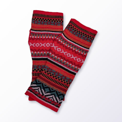 Scarlet Red Fair Isle Baby Alpaca Fingerless Gloves on a plain white background