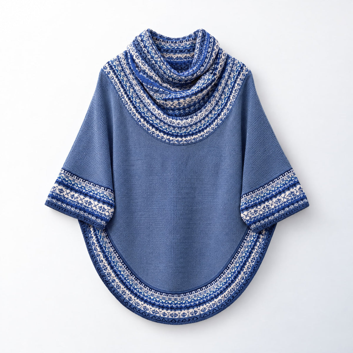 Sky Blue & Navy Fair Isle Alpaca Poncho with Sleeves on a plain white background
