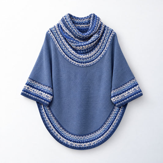 Sky Blue & Navy Fair Isle Alpaca Poncho with Sleeves on a plain white background