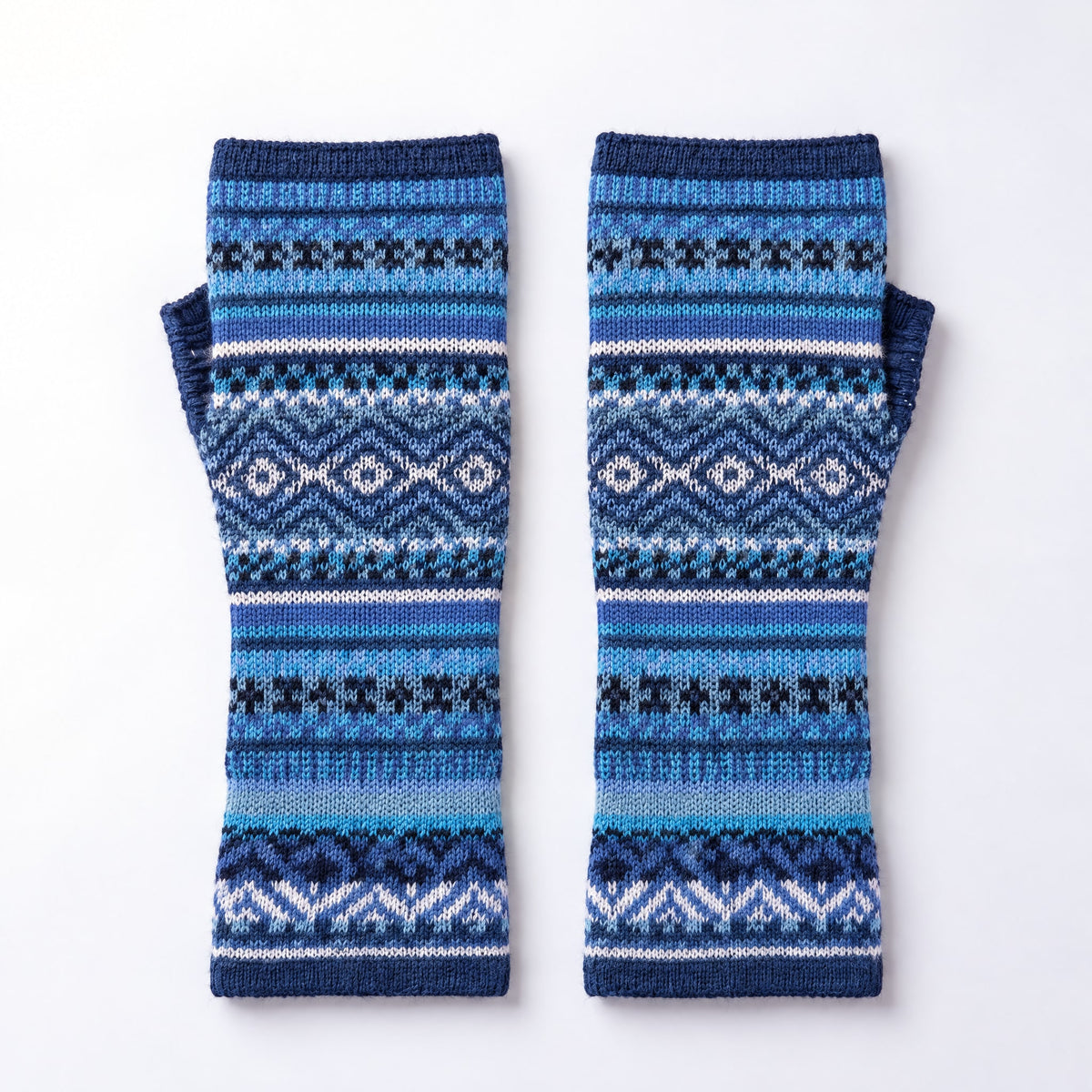 Sky Blue Fair Isle Baby Alpaca Fingerless Gloves on a plain white background