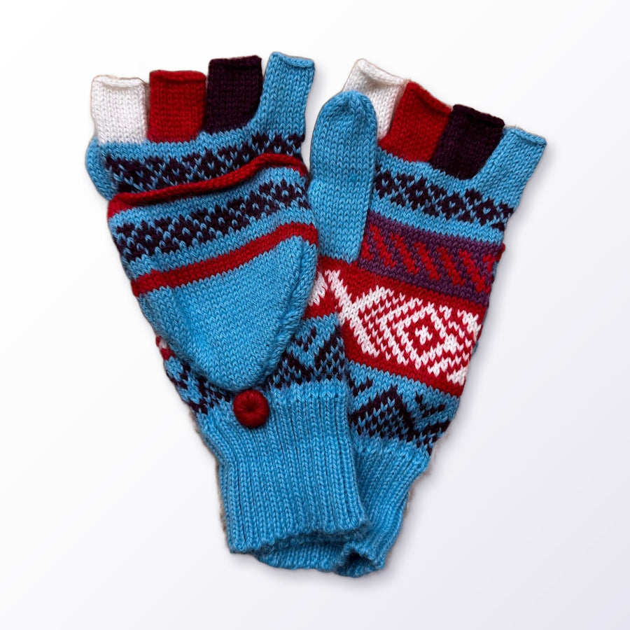 Sky Blue & Natural Marl Fair Isle Convertible Alpaca Mittens on a plain white background