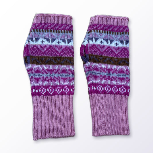 Soft Pink Fair Isle Alpaca Fingerless Gloves on a plain white background