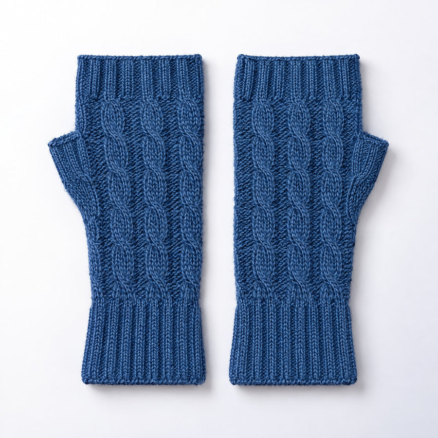 Steel Blue Cable Knit Alpaca Fingerless Gloves on a plain white background
