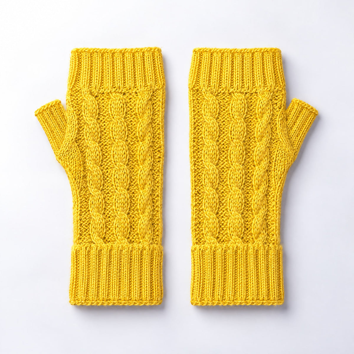 Sunshine Yellow Cable Knit Alpaca Fingerless Gloves on a plain white background