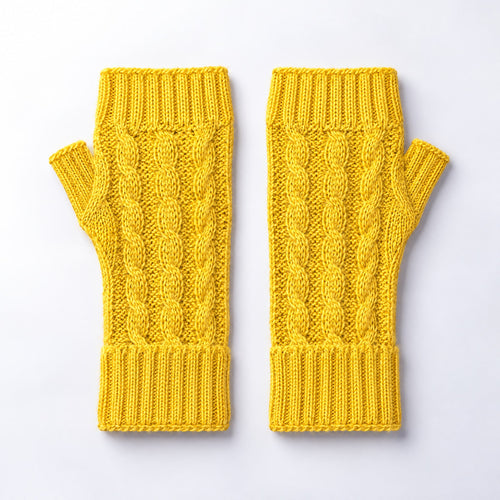 Sunshine Yellow Cable Knit Alpaca Fingerless Gloves on a plain white background