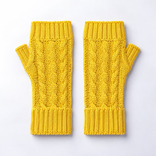 Sunshine Yellow Cable Knit Alpaca Fingerless Gloves on a plain white background