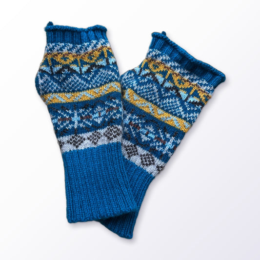 Teal Blue Fair Isle Alpaca Fingerless Gloves on a plain white background