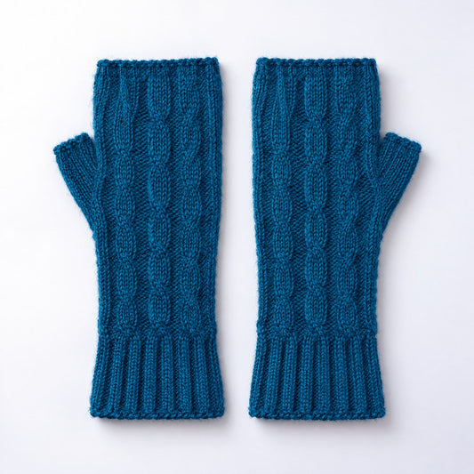 Teal Cable Knit Alpaca Fingerless Gloves on a plain white background