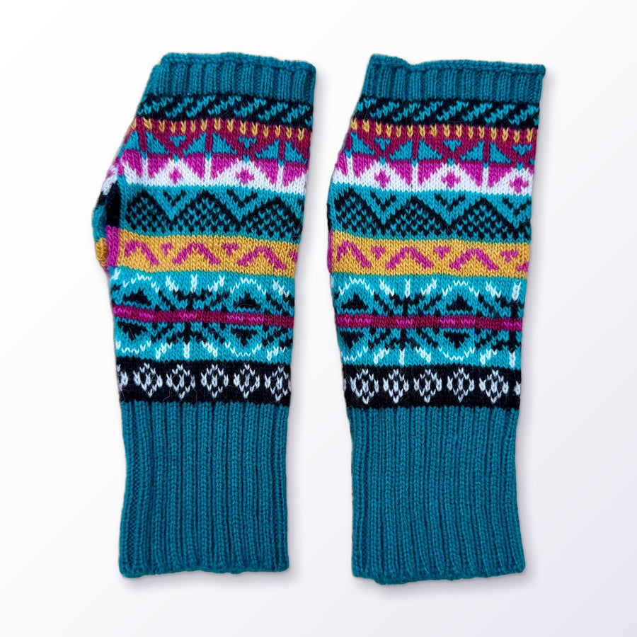 Teal Fair Isle Alpaca Fingerless Gloves on a plain white background