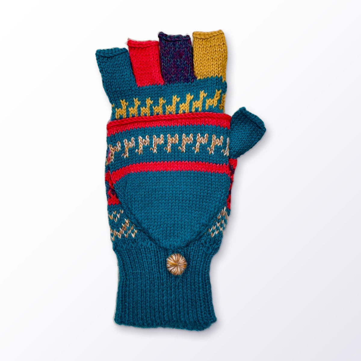 Teal & Neutrals Llama Half-Thumb Convertible Alpaca Mittens on a plain white background