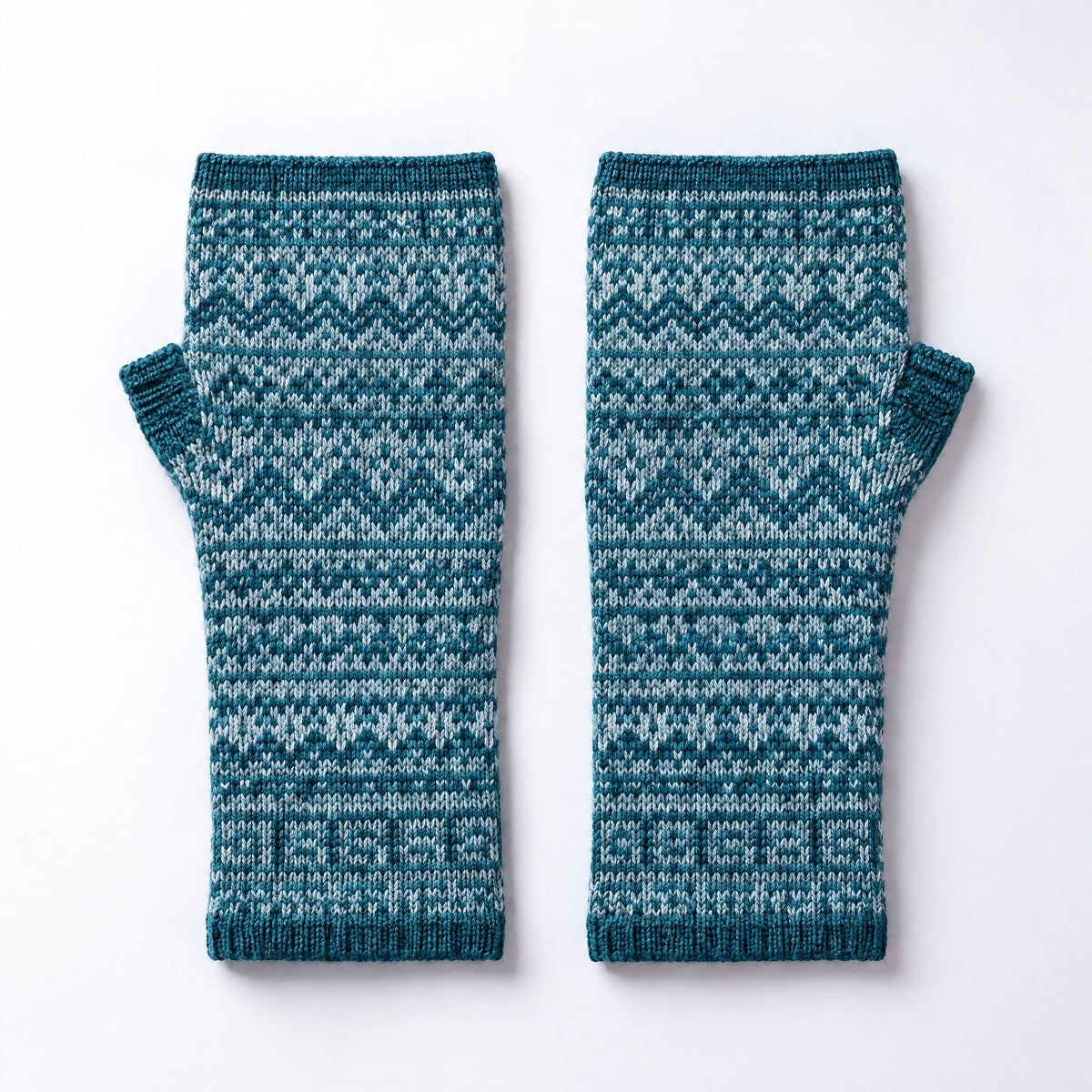 Teal & White Nordic Alpaca Fingerless Gloves on a plain white background