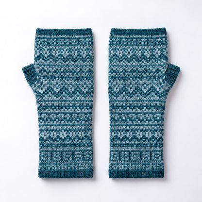 Teal & White Nordic Alpaca Fingerless Gloves on a plain white background