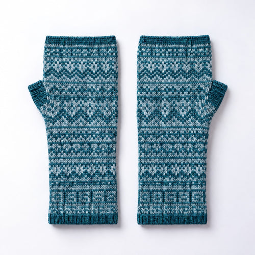 Teal & White Nordic Alpaca Fingerless Gloves on a plain white background