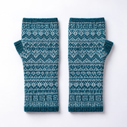 Teal & White Nordic Alpaca Fingerless Gloves on a plain white background
