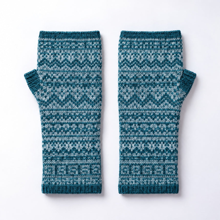 Teal & White Nordic Alpaca Fingerless Gloves on a plain white background