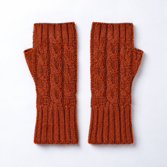 Terracotta Cable Knit Alpaca Fingerless Gloves on a plain white background