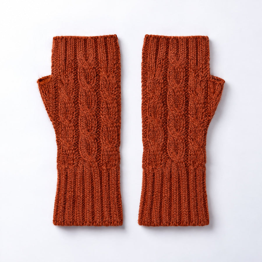 Terracotta Cable Knit Alpaca Fingerless Gloves on a plain white background