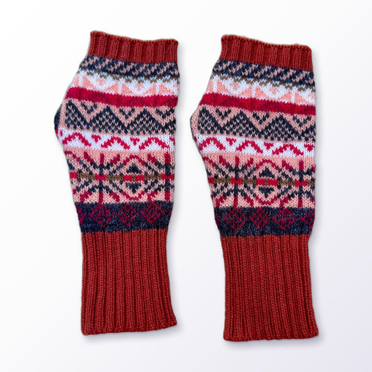 Terracotta Fair Isle Alpaca Fingerless Gloves on a plain white background