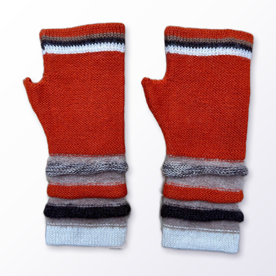 Terracotta Striped Cuff Baby Alpaca Fingerless Gloves on a plain white background