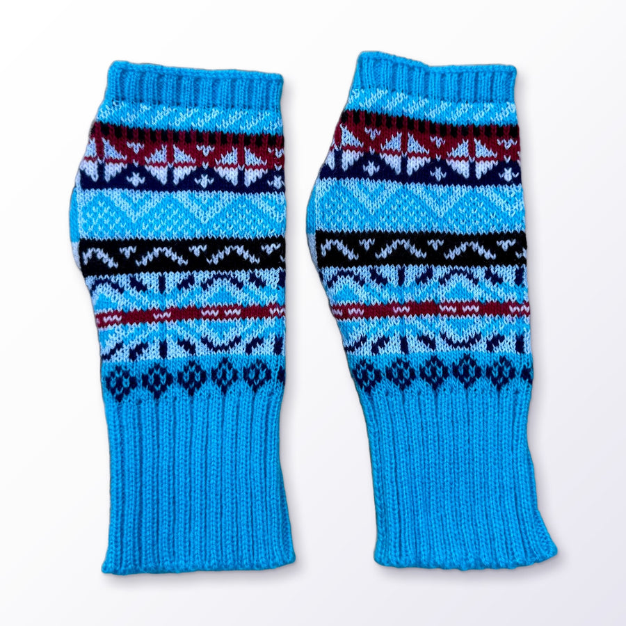Turquoise Fair Isle Alpaca Fingerless Gloves on a plain white background