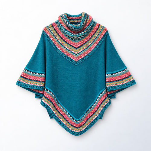 Turquoise Fair Isle Alpaca Poncho with Sleeves on a plain white background