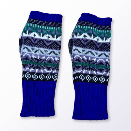 Violet Blue Fair Isle Alpaca Fingerless Gloves on a plain white background
