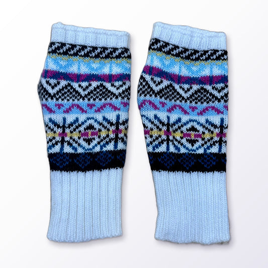 White Fair Isle Alpaca Fingerless Gloves on a plain white background