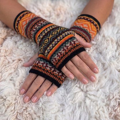 Orange Alpaca Fingerless Gloves - Fair Isle Style