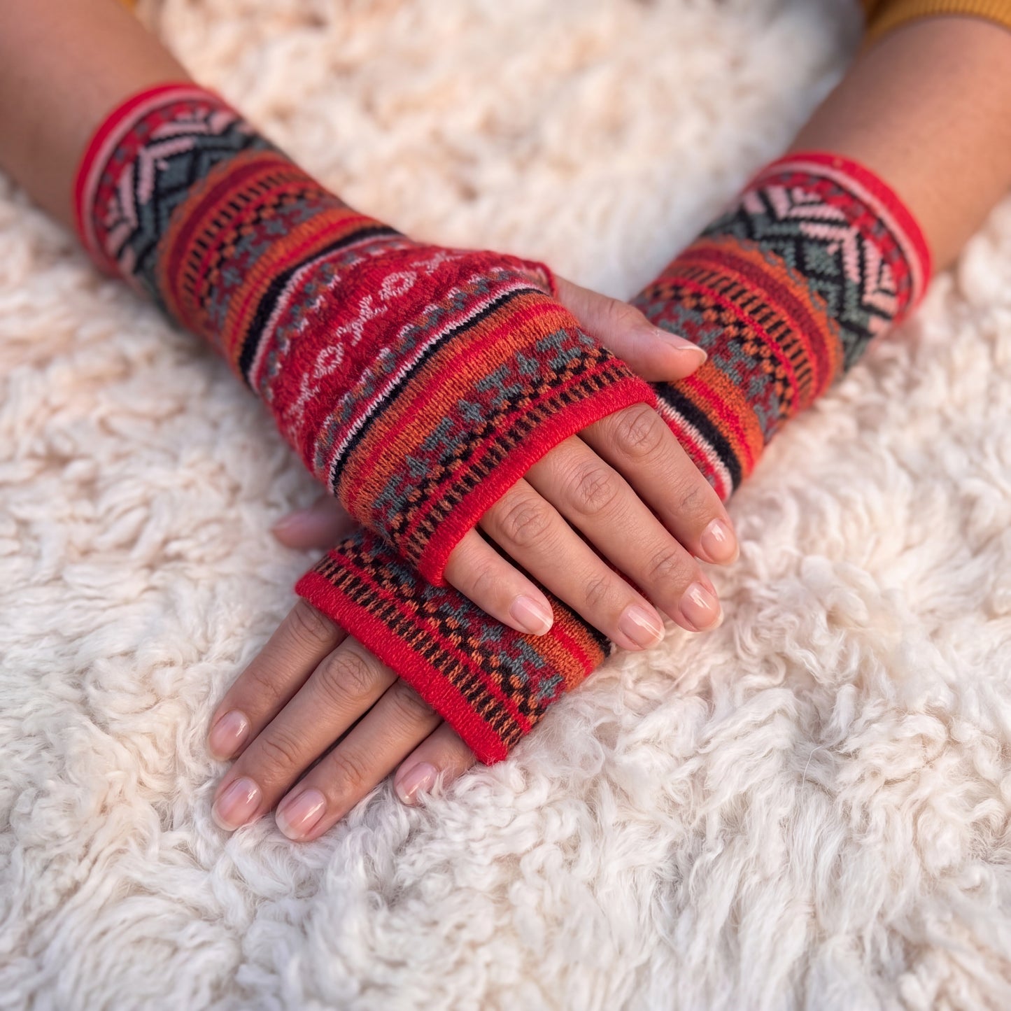 Red Alpaca Fingerless Gloves - Fair Isle Style