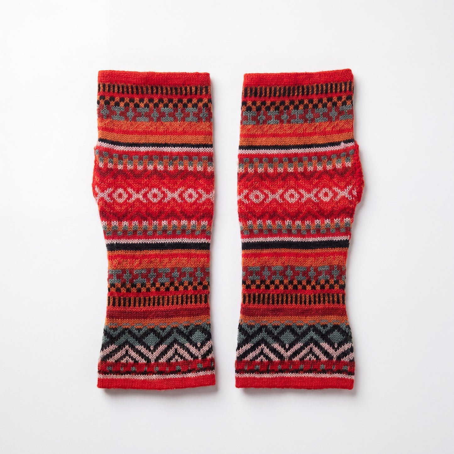 Red Alpaca Fingerless Gloves - Fair Isle Style